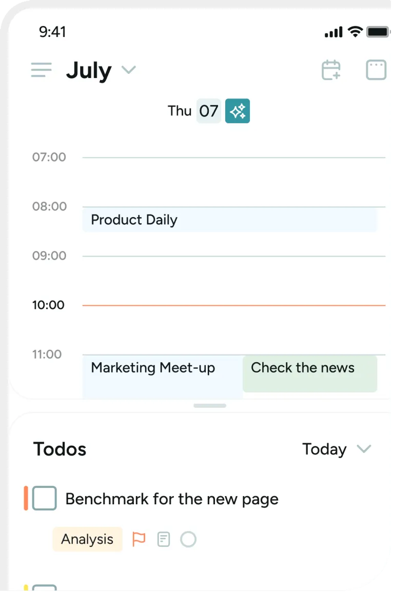 A BeforeSunset AI day plan in July, with meetings and to-dos on a timeline
