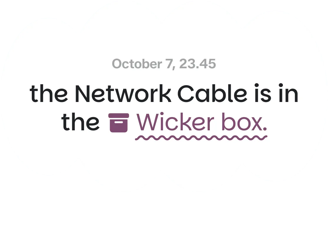 A Wimz reply reading: the Network Cable is in the Wicker box