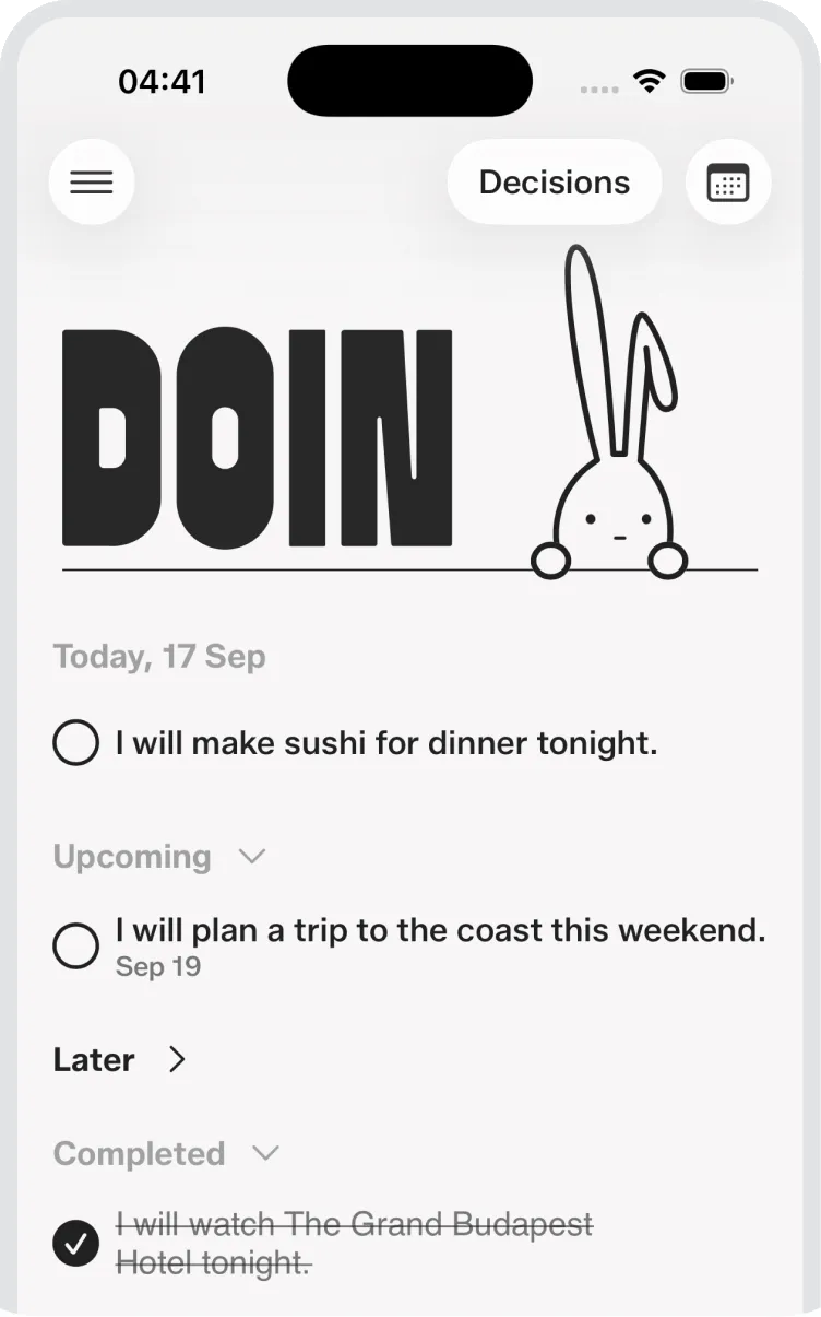 The Rollin decisions list, with today, upcoming and completed items
