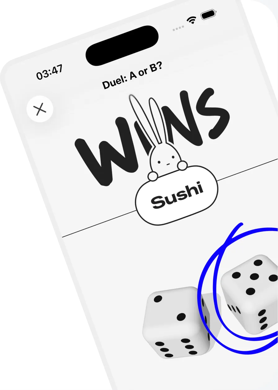 A Rollin duel result: sushi wins, with two dice