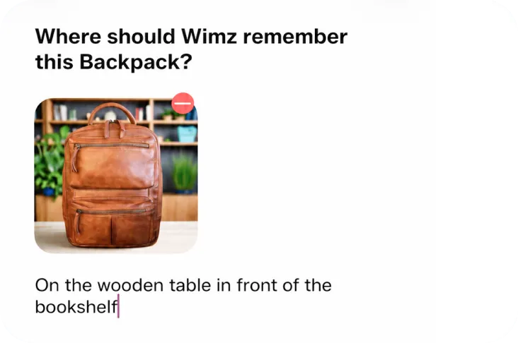 Wimz asking where to remember a backpack, with a photo of it