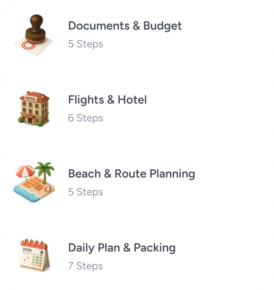A goal broken into steps: documents and budget, flights and hotel, beach and route planning, daily plan and packing